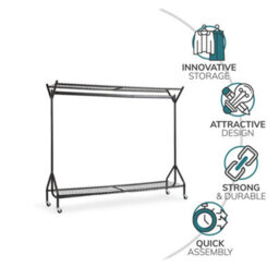 House Of Home Black Heavy Duty Metal Clothes Rail On Wheels With 2 Shelves 6Ft X 5Ft Wardrobe & Shoe Storage Organiser - thumbnail 5