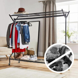 House Of Home Black Heavy Duty Metal Clothes Rail On Wheels With 2 Shelves 6Ft X 5Ft Wardrobe & Shoe Storage Organiser - thumbnail 8