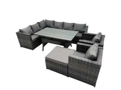 Fimous Outdoor Pe Rattan Sofa Set With Dining Table Patio Garden Furniture Sets With 2 Chairs Big Stool Dark Grey Mixed - image 1