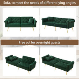 Btm Green Velvet 2 Seater Sofa Bed With Adjustable Backrest Gold Metal Legs Space Saving Stylish Durable Small Spaces - thumbnail 4