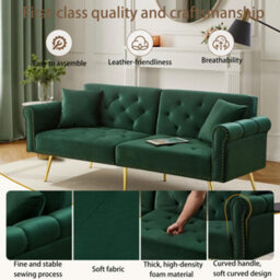 Btm Green Velvet 2 Seater Sofa Bed With Adjustable Backrest Gold Metal Legs Space Saving Stylish Durable Small Spaces - thumbnail 7