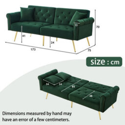 Btm Green Velvet 2 Seater Sofa Bed With Adjustable Backrest Gold Metal Legs Space Saving Stylish Durable Small Spaces - thumbnail 6