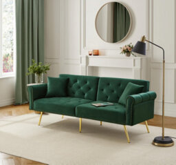 Btm Green Velvet 2 Seater Sofa Bed With Adjustable Backrest Gold Metal Legs Space Saving Stylish Durable Small Spaces - thumbnail 8