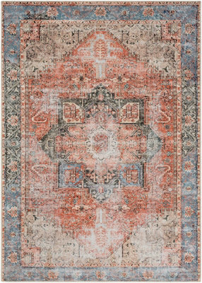 Livabliss Amelie-Washable Terracotta Blue Grey Brown Traditional Vintage Boho Living Dining Rug 160 X 220 Cm Easy Care, Non Shedding - image 1