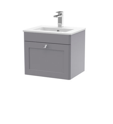 Nuie Classique Wall Hung 1 Drawer Vanity Unit & Minimalist Ceramic Basin, Contemporary Sink Vanity Unit In Satin Grey With White - image 1