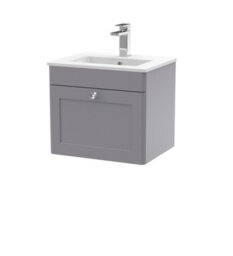 Nuie Classique Wall Hung 1 Drawer Vanity Unit & Minimalist Ceramic Basin, Contemporary Sink Vanity Unit In Satin Grey With White - thumbnail 1