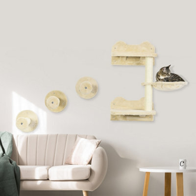 Pawhut 4Pc Cat Shelves Cat Wall Furniture With Steps Scratching Post Beige - image 1
