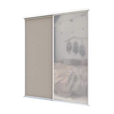 A-Class Sliding Doors Set Of 2 Stone Grey & Mirror Sliding Wardrobe Door Kit, White Frame & Tracks, Opening Height (H) 225-226Cm & Width (W) 149-150Cm - image 1