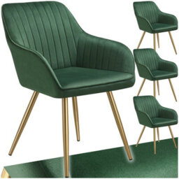 Tectake Set Of 4 Dining Chair Marilyn - Quilted Velvet, Continuous Backrest, Gold Steel Legs  - Dark Green/gold