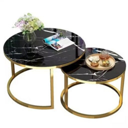 Set Of 2 Round Nesting Coffee & Side Tables - Modern Marble Effect Tops With Black Metal Legs - thumbnail 7