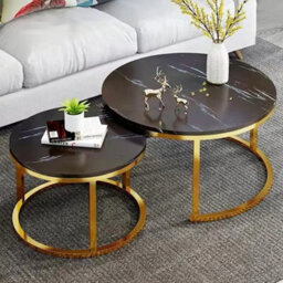 Set Of 2 Round Nesting Coffee & Side Tables - Modern Marble Effect Tops With Black Metal Legs