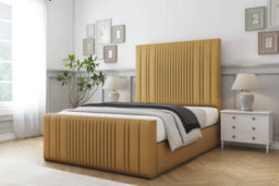 "Sloomy Kingsley Mustard Plush Bed Frame With 50"" Upholstered Headboard 4'6 Double" - thumbnail 2