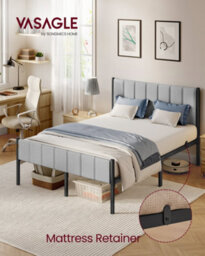 Vasagle Double Bed Frame, 135 X 190 Cm, With Upholstered Headboard, Metal Bed Frame, 500 Kg Weight Capacity, Dove Grey