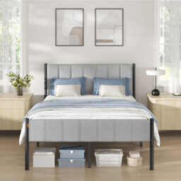 LEDREM Double Bed Frame, 135 X 190 Cm, With Upholstered Headboard, Metal Bed Frame, 500 Kg Weight Capacity, Easy Assembly, Dove Grey - thumbnail 2