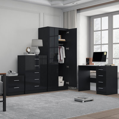Reflect 2 Door Plain Wardrobe, 5 Drawer Chest, 2 Drawer Bedside & Desk - Black Gloss & Black Oak - Modern Bedroom Furniture Set - image 1