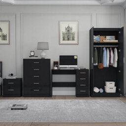 Reflect 2 Door Plain Wardrobe, 5 Drawer Chest, 2 Drawer Bedside & Desk - Black Gloss & Black Oak - Modern Bedroom Furniture Set - thumbnail 4