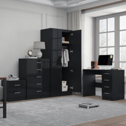Reflect 2 Door Plain Wardrobe, 5 Drawer Chest, 2 Drawer Bedside & Desk - Black Gloss & Black Oak - Modern Bedroom Furniture Set