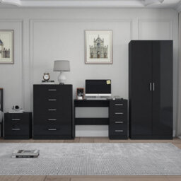 Reflect 2 Door Plain Wardrobe, 5 Drawer Chest, 2 Drawer Bedside & Desk - Black Gloss & Black Oak - Modern Bedroom Furniture Set - thumbnail 3