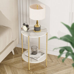 Fativo 55Cm Height 2 Tier Sintered Stone Marble Side End Table Gold Frame Nightstand Metal Frame Living Room - thumbnail 4