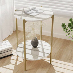Fativo 55Cm Height 2 Tier Sintered Stone Marble Side End Table Gold Frame Nightstand Metal Frame Living Room - thumbnail 3