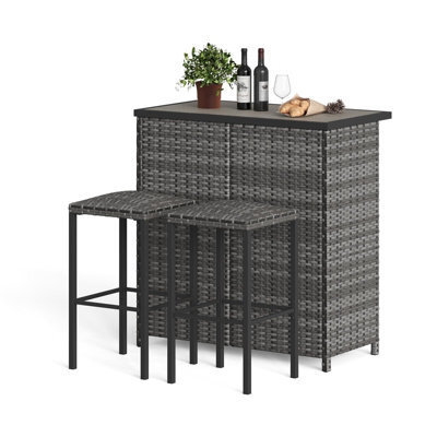 3-Piece Pe Rattan Bar Table Stool Set, Grey Gradient Wicker Bistro Furniture With Quick Dry Cushions For Patio Balcony Kitchen - image 1