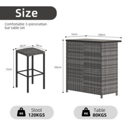 3-Piece Pe Rattan Bar Table Stool Set, Grey Gradient Wicker Bistro Furniture With Quick Dry Cushions For Patio Balcony Kitchen - thumbnail 6