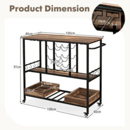 Wheeled 3 Tier Bar Cart Glass Wine Bottle Storage Racks - thumbnail 2