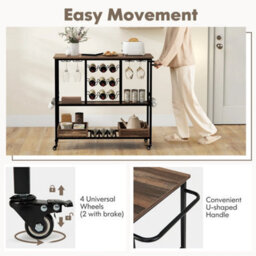 Wheeled 3 Tier Bar Cart Glass Wine Bottle Storage Racks - thumbnail 3