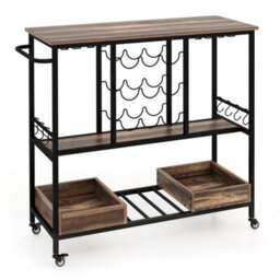 Wheeled 3 Tier Bar Cart Glass Wine Bottle Storage Racks - thumbnail 1