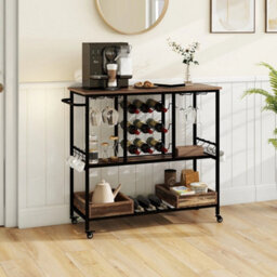 Wheeled 3 Tier Bar Cart Glass Wine Bottle Storage Racks - thumbnail 4