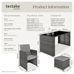 Tectake Garden Table And Chairs Palermo - Up To 4 People, Chairs, Stools And Table, Weather & Uv-Resistant - Grey - thumbnail 6