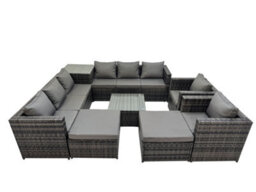 Fimous 10 Seater Garden Outdoor Rattan Furniture Set Patio Corner Sofa Coffee Table With Side Table 2 Big Stool Dark Grey - thumbnail 1