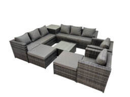Fimous 10 Seater Garden Outdoor Rattan Furniture Set Patio Corner Sofa Coffee Table With Side Table 2 Big Stool Dark Grey - thumbnail 2
