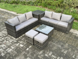 Fimous 8 Seater Rattan Garden Furniture Sofa Set With Side Table Square Coffee Table 2 Small Footstool Dark Grey Mixed - thumbnail 1