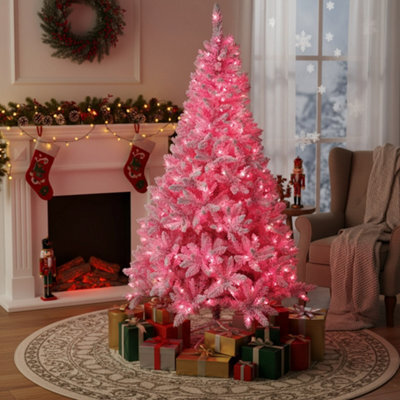 Shatchi Pre-Lit Pink Flocked Christmas Tree - 308 Tips With 144 Led Lights, Snowy Finish - image 1