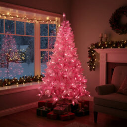 Shatchi Pre-Lit Pink Flocked Christmas Tree - 308 Tips With 144 Led Lights, Snowy Finish - thumbnail 2