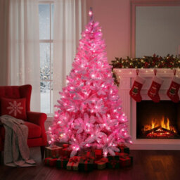 Shatchi Pre-Lit Pink Flocked Christmas Tree - 308 Tips With 144 Led Lights, Snowy Finish - thumbnail 3