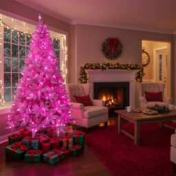Shatchi Pre-Lit Pink Flocked Christmas Tree - 308 Tips With 144 Led Lights, Snowy Finish - thumbnail 4
