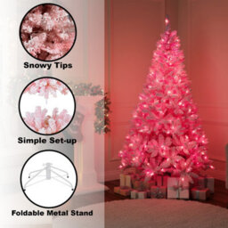 Shatchi Pre-Lit Pink Flocked Christmas Tree - 308 Tips With 144 Led Lights, Snowy Finish - thumbnail 8