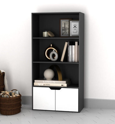 Urbn-Living Urbnliving Height 118Cm 4 Tier Wooden Bookcase Cupboard With Doors Storage Shelving Display Colour Black Door White Cabinet Unit - image 1