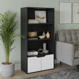 Urbn-Living Urbnliving Height 118Cm 4 Tier Wooden Bookcase Cupboard With Doors Storage Shelving Display Colour Black Door White Cabinet Unit - thumbnail 4