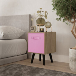 Urbn-Living Urbnliving 51Cm Height Oak Wooden Cube Storage Bookcase Light Pink Inserts Scandinavian Black Legs - thumbnail 1
