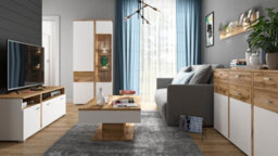 Impact Furniture Glass Display Cabinet Buffet Compact Sideboard Unit Led Light Oak Effect / White Alamo - thumbnail 8