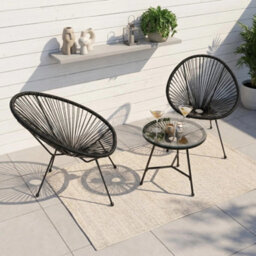 Alivio 2 Seater Acapulco Style Chair Bistro Set With Glass Top Table For Patio, Balcony, Conservatory & Backyard, Black - thumbnail 8
