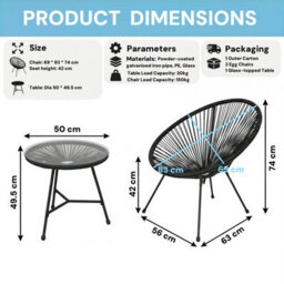 Alivio 2 Seater Acapulco Style Chair Bistro Set With Glass Top Table For Patio, Balcony, Conservatory & Backyard, Black - thumbnail 4