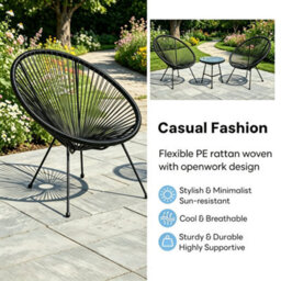 Alivio 2 Seater Acapulco Style Chair Bistro Set With Glass Top Table For Patio, Balcony, Conservatory & Backyard, Black - thumbnail 5