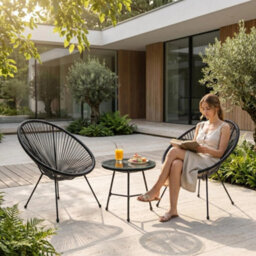 Alivio 2 Seater Acapulco Style Chair Bistro Set With Glass Top Table For Patio, Balcony, Conservatory & Backyard, Black - thumbnail 2