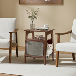 Yaheetech Walnut Classic Wooden End Table With Cat House & Scratching Board - thumbnail 2
