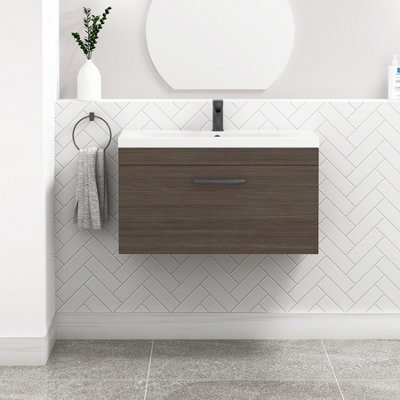 Royal Bathrooms Turin Grey Elm 800mm Wall Hung Vanity Unit 1 Drawer With Mid-Edge Basin Sink & Matt Black Handles - image 1