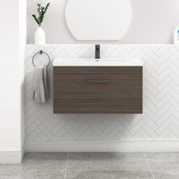Royal Bathrooms Turin Grey Elm 800mm Wall Hung Vanity Unit 1 Drawer With Mid-Edge Basin Sink & Matt Black Handles - thumbnail 1
